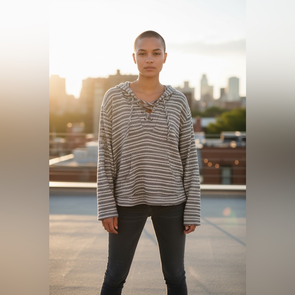 Roxy Striped Lace-Up Hoodie in Black and White